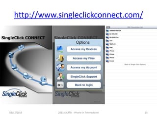 http://www.singleclickconnect.com/

03/12/2013

2011(c)CATAI - iPhone in Telemedicine

25

 