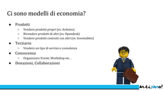 Ci sono modelli di economia?
 Prodotti
 Vendere prodotti propri (es. Arduino)
 Rivendere prodotti di altri (es. Opendesk)
 Vendere prodotti costruiti con altri (es. Inventables)
 Terziario
 Vendere un tipo di servizo o consulenza
 Conoscenza
 Organizzare Eventi, Workshop etc
 Donazioni, Collaborazioni
 