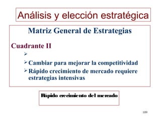 Análisis y elección estratégica
       Matriz General de Estrategias
Cuadrante II
   
    Cambiar   para mejorar la competitividad
    Rápido crecimiento de mercado requiere
     estrategias intensivas

          Rápido crecimiento del mercado


                                                109
 