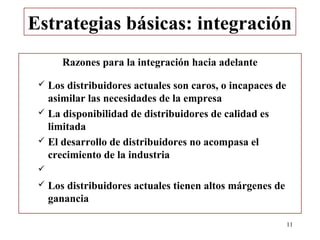 Estrategias básicas: integración
        Razones para la integración hacia adelante

  Los distribuidores actuales son caros, o incapaces de
   asimilar las necesidades de la empresa
  La disponibilidad de distribuidores de calidad es
   limitada
  El desarrollo de distribuidores no acompasa el
   crecimiento de la industria
 
    Los distribuidores actuales tienen altos márgenes de
     ganancia

                                                            11
 