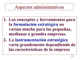 Aspectos administrativos

1. Los conceptos y herramientas para
   la formulación estratégica no
   varían mucho para las pequeñas,
   medianas o grandes empresas.
2. La instrumentación estratégica
   varía grandemente dependiendo de
   las características de la empresa
                                 132
 