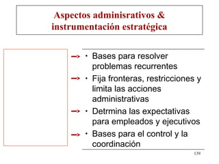 Aspectos adminisrativos &
instrumentación estratégica

       •   Bases para resolver
           problemas recurrentes
       •   Fija fronteras, restricciones y
           limita las acciones
           administrativas
       •   Detrmina las expectativas
           para empleados y ejecutivos
       •   Bases para el control y la
           coordinación
                                       139
 