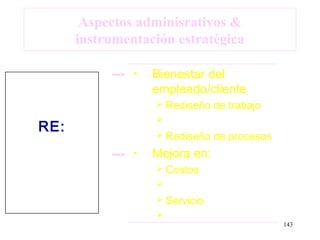 Aspectos adminisrativos &
      instrumentación estratégica

               •   Bienestar del
                   empleado/cliente
                    Rediseño   de trabajo
                   
RE:                 Rediseño   de procesos
               •   Mejora en:
                    Costos
                   
                    Servicio
                   
                                              143
 