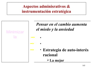 Aspectos adminisrativos &
       instrumentación estratégica


              Pensar en el cambio aumenta
              el miedo y la ansiedad
Minimizar
    la          •
                •
                •   Estrategia de auto-interés
                    racional
                       La   mejor
                                          145
 