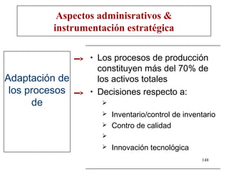 Aspectos adminisrativos &
         instrumentación estratégica

                 •   Los procesos de producción
                     constituyen más del 70% de
Adaptación de        los activos totales
 los procesos    •   Decisiones respecto a:
      de              
                         Inventario/control de inventario
                         Contro de calidad
                      
                         Innovación tecnológica
                                                     148
 