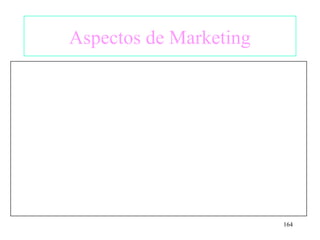 Aspectos de Marketing
Posicionamiento del producto

    Desarrollar  nuevas versiones
     del producto
    Comparar con los competidores
     los factores de éxito

                                164
 