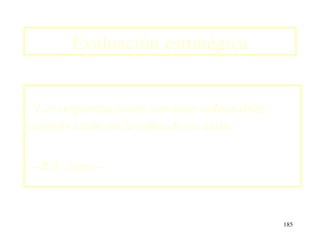 Evaluación estratégica


“Las organizaciones son más vulnerables
cuando están en la cima de su éxito.”

—R.T. Lenz—


                                          185
 