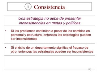 1    Consistencia
         Una estrategia no debe de presentar
         inconsistencias en metas y políticas
•   Si los problemas continúan a pesar de los cambios en
    personal y estructura, entonces las estrategias pueden
    ser inconsistentes

•   Si el éxito de un departamento significa el fracaso de
    otro, entonces las estrategias pueden ser inconsistentes

•   Si los aspectos o problemas en relación a las políticas
    continúan a resolverse a los niveles “top”, entonces las
    estrategias pueden ser inconsistentes
                                                         192
 