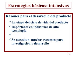 Estrategias básicas: intensivas

Razones para el desarrollo del producto
   La etapa del ciclo de vida del producto
   Importante en industrias de alta
    tecnología
  
   Se   necesitan muchos recursos para
      investigación y desarrollo

                                              22
 