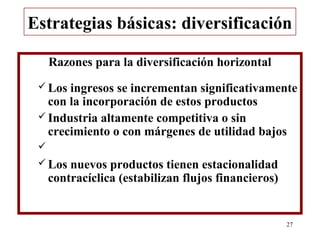 Estrategias básicas: diversificación

     Razones para la diversificación horizontal
  Los ingresos se incrementan significativamente
   con la incorporación de estos productos
  Industria altamente competitiva o sin
   crecimiento o con márgenes de utilidad bajos
 
  Los   nuevos productos tienen estacionalidad
     contracíclica (estabilizan flujos financieros)


                                                      27
 