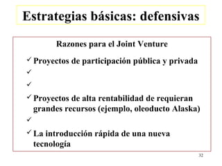 Estrategias básicas: defensivas
          Razones para el Joint Venture
 Proyectos   de participación pública y privada


 Proyectos   de alta rentabilidad de requieran
    grandes recursos (ejemplo, oleoducto Alaska)

 La   introducción rápida de una nueva
    tecnología
                                                   32
 