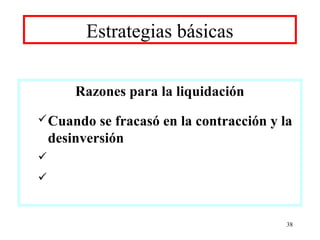 Estrategias básicas

        Razones para la liquidación
 Cuando    se fracasó en la contracción y la
    desinversión




                                            38
 