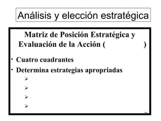 Análisis y elección estratégica
     Matriz de Posición Estratégica y
    Evaluación de la Acción (           )
• Cuatro cuadrantes
• Determina estrategias apropriadas
     
     
     
     
                                        70
 