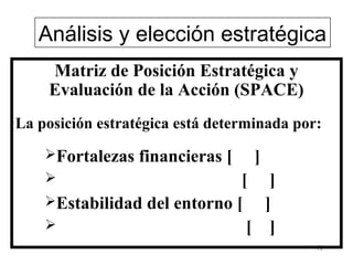 Análisis y elección estratégica
    Matriz de Posición Estratégica y
    Evaluación de la Acción (SPACE)
La posición estratégica está determinada por:
    Fortalezas   financieras [    ]
                             [ ]
    Estabilidad del entorno [   ]
                              [ ]
                                            71
 