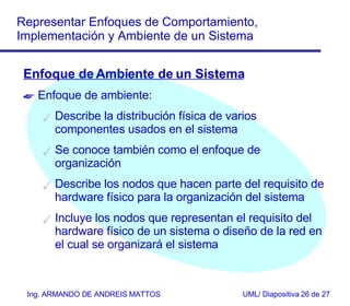 Enfoque de Ambiente de un Sistema Enfoque de ambiente: Describe la distribución física de varios componentes usados en el sistema Se conoce también como el enfoque de organización Describe los nodos que hacen parte del requisito de hardware físico para la organización del sistema Incluye los nodos que representan el requisito del hardware físico de un sistema o diseño de la red en el cual se organizará el sistema 