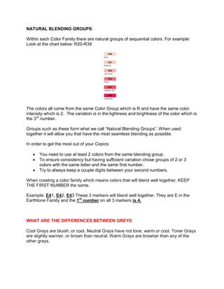 NATURAL BLENDING GROUPS:
Within each Color Family there are natural groups of sequential colors. For example:
Look at the chart below: R20-R39
The colors all come from the same Color Group which is R and have the same color
intensity which is 2. The variation is in the lightness and brightness of the color which is
the 3rd
number.
Groups such as these form what we call “Natural Blending Groups”. When used
together it will allow you that have the most seamless blending as possible.
In order to get the most out of your Copics:
� You need to use at least 2 colors from the same blending group.
� To ensure consistency but having sufficient variation chose groups of 2 or 3
colors with the same letter and the same first number.
� Try to always keep a couple digits between your second numbers.
When creating a color family which means colors that will blend well together, KEEP
THE FIRST NUMBER the same.
Example: E41, E42, E43 These 3 markers will blend well together. They are E in the
Earthtone Family and the 1st
number on all 3 markers is 4.
WHAT ARE THE DIFFERENCES BETWEEN GREYS
Cool Grays are bluish, or cool. Neutral Grays have not tone, warm or cool. Toner Grays
are slightly warmer, or brown than neutral. Warm Grays are browner than any of the
other grays.
 