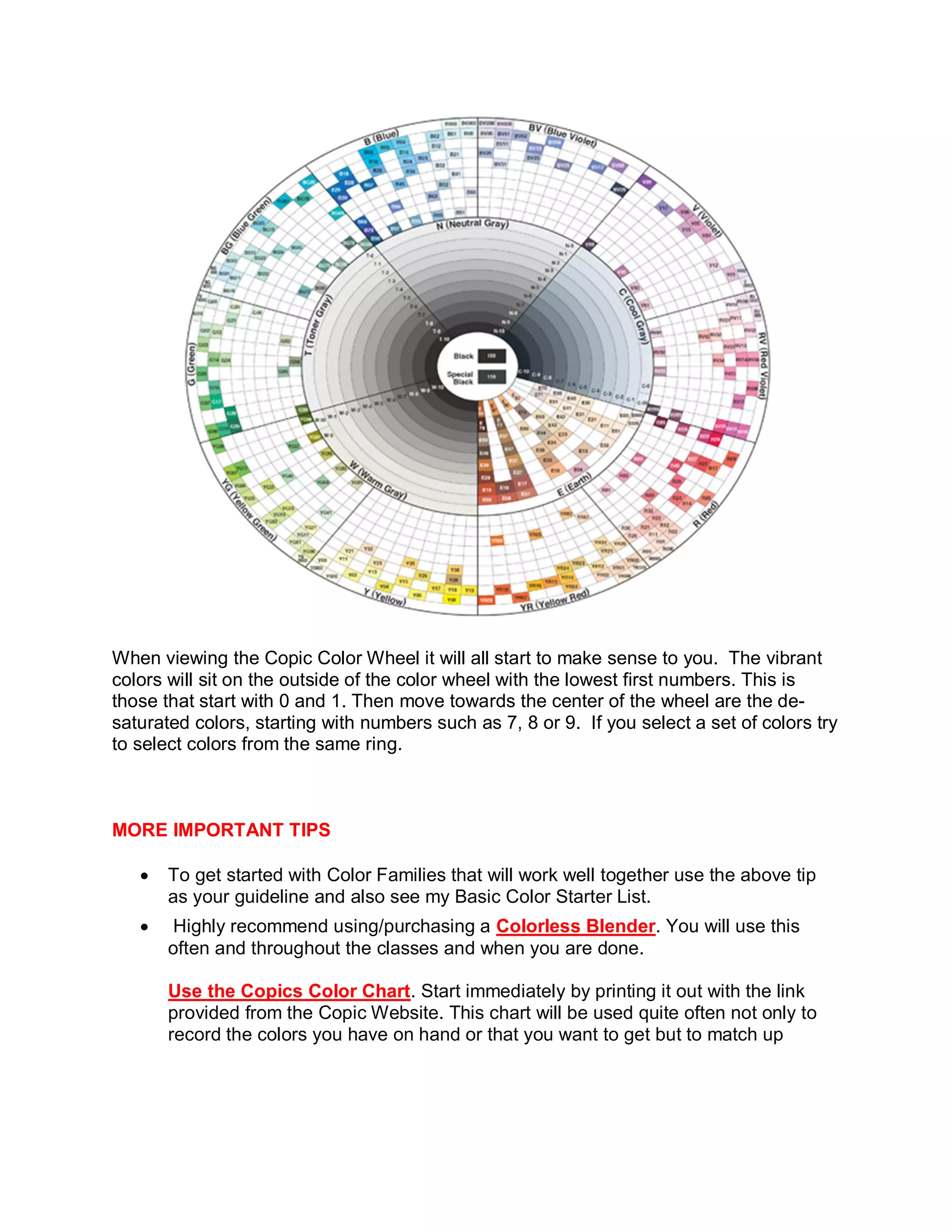 When viewing the Copic Color Wheel it will all start to make sense to you. The vibrant
colors will sit on the outside of the color wheel with the lowest first numbers. This is
those that start with 0 and 1. Then move towards the center of the wheel are the de-
saturated colors, starting with numbers such as 7, 8 or 9. If you select a set of colors try
to select colors from the same ring.
MORE IMPORTANT TIPS
� To get started with Color Families that will work well together use the above tip
as your guideline and also see my Basic Color Starter List.
� Highly recommend using/purchasing a Colorless Blender. You will use this
often and throughout the classes and when you are done.
Use the Copics Color Chart. Start immediately by printing it out with the link
provided from the Copic Website. This chart will be used quite often not only to
record the colors you have on hand or that you want to get but to match up
 