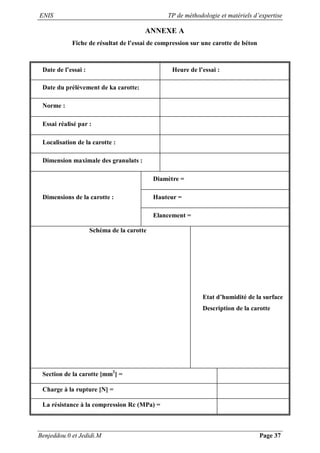 ENIS TP de méthodologie et matériels d’expertise
Benjeddou.0 et Jedidi.M Page 37
ANNEXE A
Fiche de résultat de l’essai de compression sur une carotte de béton
Date de l’essai : Heure de l’essai :
Date du prélèvement de ka carotte:
Norme :
Essai réalisé par :
Localisation de la carotte :
Dimension maximale des granulats :
Dimensions de la carotte :
Diamètre =
Hauteur =
Elancement =
Schéma de la carotte
Etat d’humidité de la surface
Description de la carotte
Section de la carotte [mm2
] =
Charge à la rupture [N] =
La résistance à la compression Rc (MPa) =
 