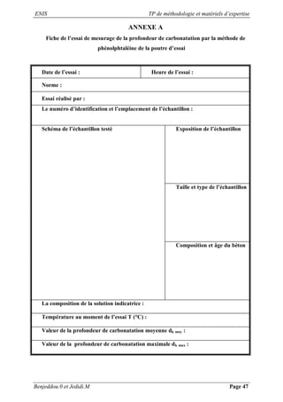 ENIS TP de méthodologie et matériels d’expertise
Benjeddou.0 et Jedidi.M Page 47
ANNEXE A
Fiche de l’essai de mesurage de la profondeur de carbonatation par la méthode de
phénolphtaléine de la poutre d’essai
Date de l’essai : Heure de l’essai :
Norme :
Essai réalisé par :
Le numéro d’identification et l’emplacement de l’échantillon :
Schéma de l’échantillon testé Exposition de l’échantillon
Taille et type de l’échantillon
Composition et âge du béton
La composition de la solution indicatrice :
Température au moment de l’essai T (°C) :
Valeur de la profondeur de carbonatation moyenne dk moy :
Valeur de la profondeur de carbonatation maximale dk max :
 