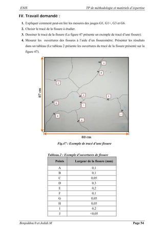 ENIS TP de méthodologie et matériels d’expertise
Benjeddou.0 et Jedidi.M Page 54
IV. Travail demandé :
1. Expliquer comment peut-on lire les mesures des jauges G1, G1+, G3 et G6.
2. Choisir le tracé de la fissure à étudier.
3. Dessiner le tracé de la fissure (La figure 47 présente un exemple de tracé d’une fissure).
4. Mesurer les ouvertures des fissures à l’aide d’un fissuromètre. Présenter les résultats
dans un tableau (Le tableau 2 présente les ouvertures du tracé de la fissure présenté sur la
figure 47).
Fig.47 : Exemple de tracé d’une fissure
Tableau.2 : Exemple d’ouvertures de fissure
Points Largeur de la fissure (mm)
A 0,1
B 0,1
C 0,05
D 0,3
E 0,2
F 0,1
G 0,05
H 0,05
I 0,2
J <0,05
 