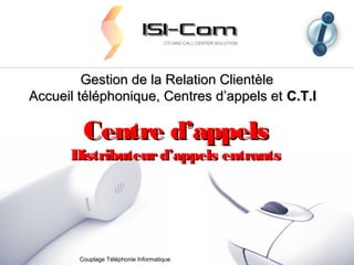 Gestion de la Relation Clientèle
Accueil téléphonique, Centres d’appels et C.T.I

Centre d’appels

Distributeur d’appels entrants

Couplage Téléphonie Informatique

 