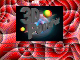 A stereoscopic image or anaglyph is a still picture consisting of two slightly different perspectives of the same subject in contrasting colours. These two images are superimposed on each other to create a three-dimensional effect when viewed through two correspondingly coloured filters (red and blue stereoscopic glasses). http:// ppsauthorstream.hautetfort.com/ 