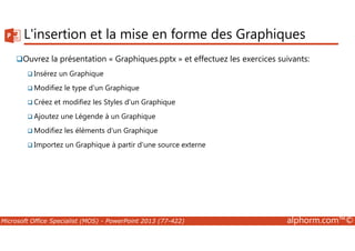 L'insertion et la mise en forme des Graphiques 
Ouvrez la présentation « Graphiques.pptx » et effectuez les exercices suivants: 
Insérez un Graphique 
Modifiez le type d'un Graphique 
Créez et modifiez les Styles d'un Graphique 
Ajoutez une Légende à un Graphique 
Modifiez les éléments d'un Graphique 
Importez un Graphique à partir d'une source externe 
Microsoft Office Specialist (MOS) - PowerPoint 2013 (77-422) alphorm.com™© 
 