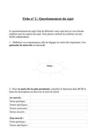 Fiche n° 2 : Questionnement du sujet


Le questionnement du sujet à but de délimiter votre sujet tout en vous faisant
explorer tous les aspects du sujet. Vous pouvez réaliser les schémas sur une
feuille indépendante.

1 – Mobilisez vos connaissances afin de dégager les mots-clés importants. Une
quinzaine de mots-clés est demandé.




                                       Thème :




2 - Pour les mots-clés les plus pertinents, consultez le thésaurus dans BCDI et
notez les descripteurs en lien avec le mot-clé choisi.

1er mot-clé :
Terme générique :
Termes spécifiques :
Termes synonymes :
Termes associés :

2ème mot-clé :
Terme générique :
Termes spécifiques :
 