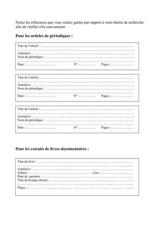 Notez les références que vous voulez garder par rapport à votre thème de recherche
afin de vérifier s'ils conviennent.

Pour les articles de périodiques :

 Titre de l’article : ………………………………………………………………………….
 ……………………………………………………………………………………………..
 Auteur(s) : …………………………………………………………………………………
 Nom du périodique : ………………………………………………………………………
 …………………………………………………………………………………………….
 Date : ……………………….              N° :…………… Pages :…………………


 Titre de l’article : ………………………………………………………………………….
 ……………………………………………………………………………………………..
 Auteur(s) : …………………………………………………………………………………
 Nom du périodique : ………………………………………………………………………
 …………………………………………………………………………………………….
 Date : ……………………….              N° :…………… Pages :…………………


 Titre de l’article : ………………………………………………………………………….
 ……………………………………………………………………………………………..
 Auteur(s) : …………………………………………………………………………………
 Nom du périodique : ………………………………………………………………………
 …………………………………………………………………………………………….
 Date : ……………………….              N° :…………… Pages :…………………




Pour les extraits de livres documentaires :


 Titre du livre : …………………………………………………………………………….
 …………………………………………………………………………………………….
 Auteur(s) : ………………………………………………………………………………..
 Editeur : ………………………………………………… Lieu :…………………………
 Date de parution :…………………………………………………………………………
 Titre de la page choisie :…………………………………………………………………..
 …………………………………………………………………………………………….
 Pages :……………………………………………………………………………………..
 