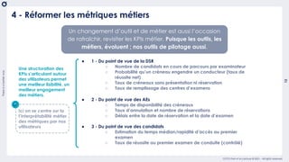 There
is
a
better
way
13
OCTO Part of Accenture © 2021 - All rights reserved
Un changement d’outil et de métier est aussi l’occasion
de rafraîchir, revisiter les KPIs métier. Puisque les outils, les
métiers, évoluent ; nos outils de pilotage aussi.
4 - Réformer les métriques métiers
● 1 - Du point de vue de la DSR
○ Nombre de candidats en cours de parcours par examinateur
○ Probabilité qu’un créneau engendre un conducteur (taux de
réussite net)
○ Taux de créneaux sans présentation ni réservation
○ Taux de remplissage des centres d’examens
● 2 - Du point de vue des AEs
○ Temps de disponibilité des créneaux
○ Taux d’annulation et nombre de réservations
○ Délais entre la date de réservation et la date d’examen
● 3 - Du point de vue des candidats
○ Estimation du temps médian/rapidité d’accès au premier
examen
○ Taux de réussite au premier examen de conduite (contrôlé)
Une structuration des
KPIs s’articulant autour
des utilisateurs permet
une meilleur lisibilité, un
meilleur engagement
des métiers.
Ici on se centre sur la
l’interprétabilité métier
des métriques par nos
utilisateurs
 