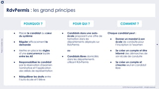 There
is
a
better
way
4
OCTO Part of Accenture © 2021 - All rights reserved
RdvPermis : les grand principes
POURQUOI ? POUR QUI ? COMMENT ?
● Placer le candidat au cœur
du système
● Réguler efficacement la
demande
● Mettre en place les règles
d’une concurrence loyale
entre les AE
● Responsabiliser le candidat
par la réservation d'examen
nominative et l’application
des délais de représentation
● Rééquilibrer les droits entre
l’auto-école et l’élève
● Candidats dans une auto-
école proposant une offre de
formation dans les
départements déployés sur
RdvPermis
ou
● Candidats libres domiciliés
dans les départements
utilisant RdvPermis
Chaque candidat peut :
● Donner un mandat à son
école de conduite pour
l’inscription à l’examen
● Se créer un compte et être
informé des démarches de
son école de conduite
● Se créer un compte et
s’inscrire seul en candidat
libre
 