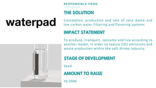 R E S P O N S I B L E F O O D
STAGE OF DEVELOPMENT
Seed
AMOUNT TO RAISE
50.000€
THE SOLUTION
Conception, production and sa...