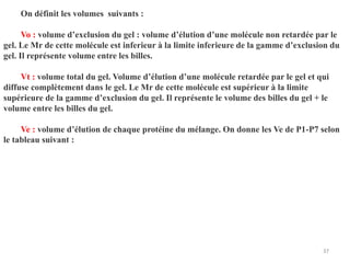 37
On définit les volumes suivants :
Vo : volume d’exclusion du gel : volume d’élution d’une molécule non retardée par le
gel. Le Mr de cette molécule est inferieur à la limite inferieure de la gamme d’exclusion du
gel. Il représente volume entre les billes.
Vt : volume total du gel. Volume d’élution d’une molécule retardée par le gel et qui
diffuse complètement dans le gel. Le Mr de cette molécule est supérieur à la limite
supérieure de la gamme d’exclusion du gel. Il représente le volume des billes du gel + le
volume entre les billes du gel.
Ve : volume d’élution de chaque protéine du mélange. On donne les Ve de P1-P7 selon
le tableau suivant :
 