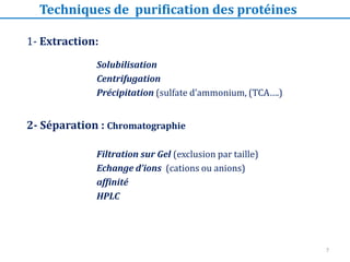 1- Extraction:
Solubilisation
Centrifugation
Précipitation (sulfate d’ammonium, (TCA….)
2- Séparation : Chromatographie
Filtration sur Gel (exclusion par taille)
Echange d’ions (cations ou anions)
affinité
HPLC
Techniques de purification des protéines
7
 