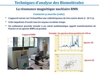 • L’appareil envoie sur l’échantillon une radiofréquence de très courte durée (~ 10-5 s).
• Cette impulsion rf excite tous les noyaux en même temps.
• Un ordinateur procède ensuite à un calcul mathématique appelé transformation de
Fourier et un spectre RMN est produit.
Comment ça marche (suite)
La résonance magnétique nucléaire RMN
Techniques d’analyse des Biomolécules
Exemple : les spectres d’une protéine de 150 aa.
L’appareil RMN
Spectre 1D
Spectre 2D
 