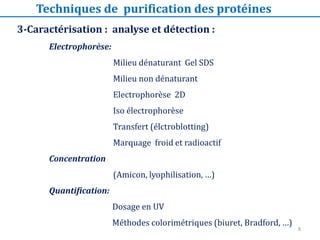 3-Caractérisation : analyse et détection :
Electrophorèse:
Milieu dénaturant Gel SDS
Milieu non dénaturant
Electrophorèse 2D
Iso électrophorèse
Transfert (élctroblotting)
Marquage froid et radioactif
Concentration
(Amicon, lyophilisation, …)
Quantification:
Dosage en UV
Méthodes colorimétriques (biuret, Bradford, …)
Techniques de purification des protéines
8
 