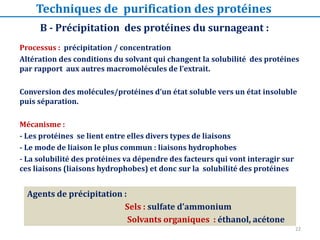 Processus : précipitation / concentration
Altération des conditions du solvant qui changent la solubilité des protéines
pa...