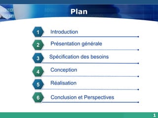 Plan Introduction 1 Présentation  générale 2 3 Spécification des besoins 4 Réalisation 5 1 6 Conception Conclusion et Perspectives 4 