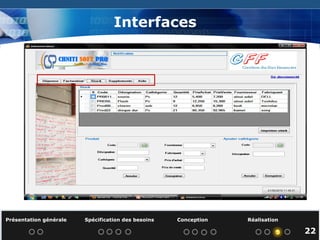 9 Présentation générale  Spécification des besoins  Conception  Réalisation   Interfaces  22 