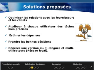 Optimiser les relations avec les fournisseurs et les clients Attribuer à chaque utilisateur des tâches bien précises Estimer les dépenses Prendre les bonnes décisions Générer une version multi-langues et multi- utilisateurs (Réseau local).  Solutions proposées 4 Présentation générale  Spécification des besoins  Conception  Réalisation   6 