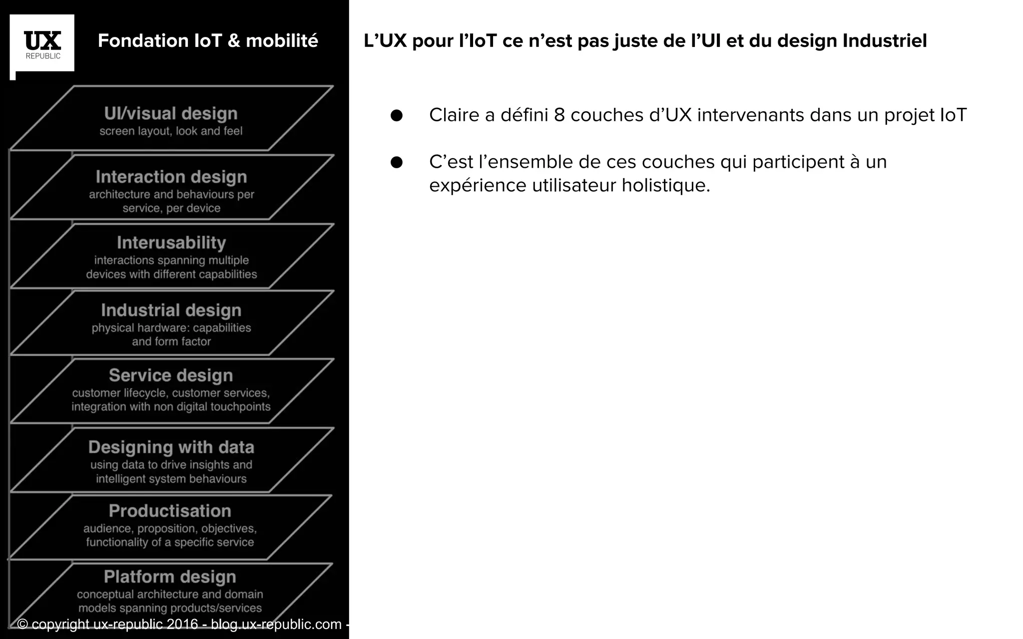 Fondation IoT & mobilité L’UX pour l’IoT ce n’est pas juste de l’UI et du design Industriel
● Claire a défini 8 couches d’UX intervenants dans un projet IoT
● C’est l’ensemble de ces couches qui participent à un
expérience utilisateur holistique.
© copyright ux-republic 2016 - blog.ux-republic.com - Michael Boitin
 