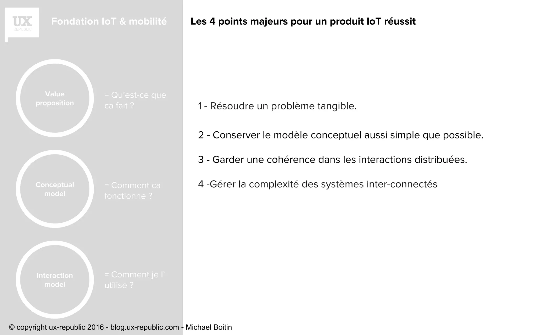 Fondation IoT & mobilité Les 4 points majeurs pour un produit IoT réussit
1 - Résoudre un problème tangible.
2 - Conserver le modèle conceptuel aussi simple que possible.
3 - Garder une cohérence dans les interactions distribuées.
4 -Gérer la complexité des systèmes inter-connectés
Value
proposition
Conceptual
model
Interaction
model
= Qu’est-ce que
ca fait ?
= Comment ca
fonctionne ?
= Comment je l’
utilise ?
© copyright ux-republic 2016 - blog.ux-republic.com - Michael Boitin
 
