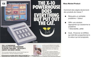 Fondation IoT & mobilité Mass Market Product
Comment des objets deviennent
des produits de masse ?
● Résoudre un véritable
problème = Valeur
● Offrir une solution
appropriée qui solutionne le
problème
= Désirabilité, utilité
● Coût , Financier et d’Effort,
qui doit être proportionnel à
la valeur qui est proposée.
© copyright ux-republic 2016 - blog.ux-republic.com - Michael Boitin
 