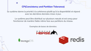 CP(Consistency and Partition Tolerance)
Le système donne la priorité à la cohérence plutôt qu'à la disponibilité et répond
avec les dernières données mises à jour.
Le système peut être distribué sur plusieurs nœuds et est conçu pour
fonctionner de manière fiable même face aux partitions du réseau.
Exemples de bases de données:
 