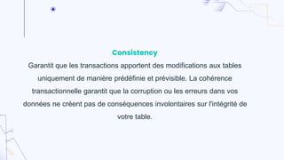 Consistency
Garantit que les transactions apportent des modifications aux tables
uniquement de manière prédéfinie et prévisible. La cohérence
transactionnelle garantit que la corruption ou les erreurs dans vos
données ne créent pas de conséquences involontaires sur l'intégrité de
votre table.
 