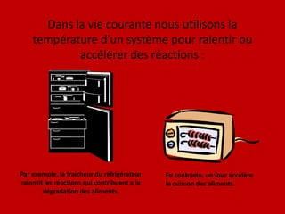 Dans la vie courante nous utilisons la température d’un système pour ralentir ou  accélérer des réactions :Par exemple, la fraicheur du réfrigérateur ralentit les réactions qui contribuent a la dégradation des aliments.En contraste, un four accélère la cuisson des aliments.