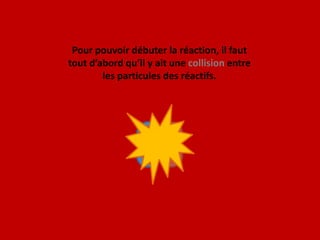 Pour pouvoir débuter la réaction, il faut tout d’abord qu’il y ait une collision entre les particules des réactifs.