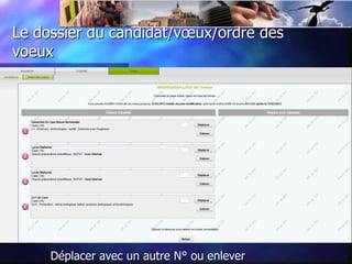 Le dossier du candidat/vœux/ordre des
voeux




     Déplacer avec un autre N° ou enlever
 