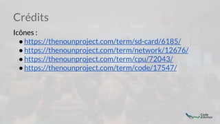 Crédits
Icônes :
●https://thenounproject.com/term/sd-card/6185/
●https://thenounproject.com/term/network/12676/
●https://thenounproject.com/term/cpu/72043/
●https://thenounproject.com/term/code/17547/
 