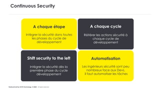 #LaDuckConf by OCTO Technology © 2020 - All rights reserved
Continuous Security
A chaque étape
Intégrer la sécurité dans toutes
les phases du cycle de
développement
Shift security to the left
Intégrer la sécurité dès la
première phase du cycle
développement
Automatisation
Les ingénieurs sécurité sont peu
nombreux face aux Devs,
il faut automatiser les tâches
A chaque cycle
Réitérer les actions sécurité à
chaque cycle de
développement
 